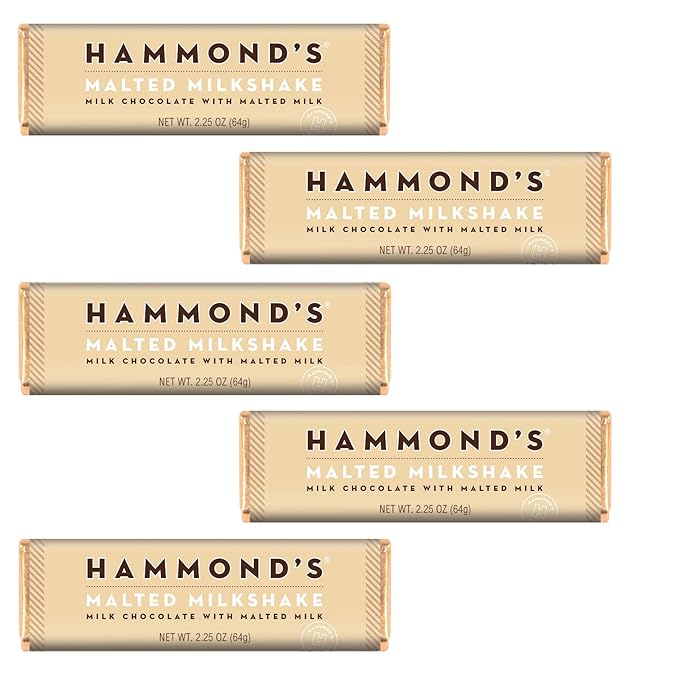 Hammond's Candies Gourmet Chocolate Candy Bars – Malted Milkshake | Sweet Milk Chocolate with Malted Milk Certified Kosher Handcrafted in the USA | Pack of 5
