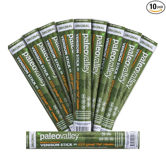 Paleovalley 100% Grass Fed Venison Sticks – 10 Pack – Keto-Friendly High Protein Low-Calorie Snack – Omega-3 Rich Gluten-Free Nitrate-Free Naturally Flavored – Healthy On-the-Go Meat Snack