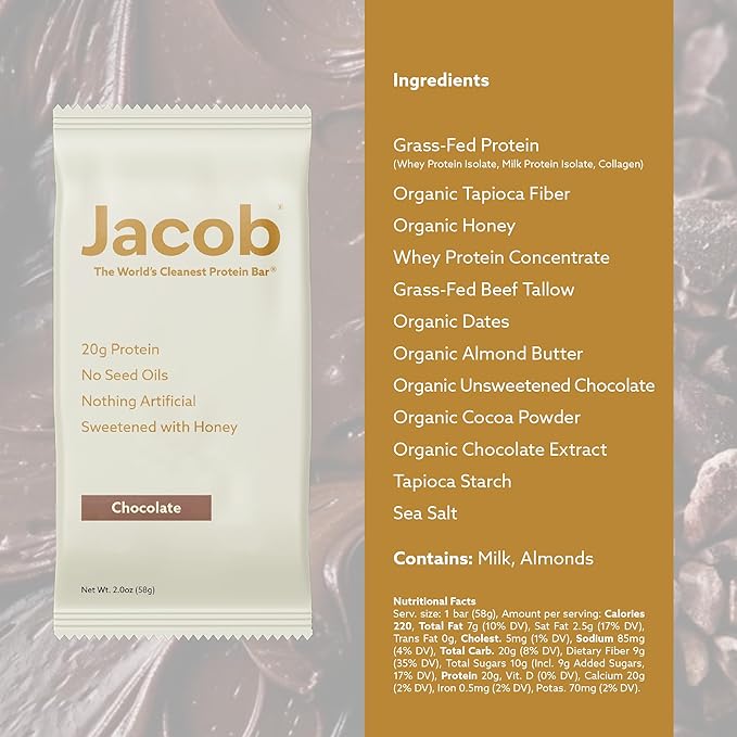 Jacob Bar Protein Bars Chocolate (9 Bars Total) - 20g Grass-Fed Protein No Seed Oils Nothing Artificial