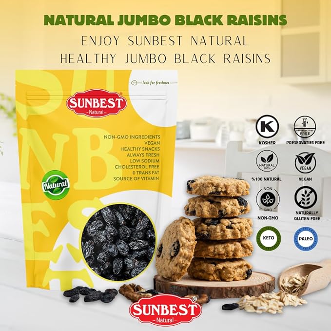 Sunbest Natural - Black Jumbo Raisins Seedless 10 lbs | Rich in Healthful Nutrients &amp Dietary Fiber | On-The-Go Snacking Toppings Baking and Cooking | Non-GMO | Vegan |Kosher| Resealable bag