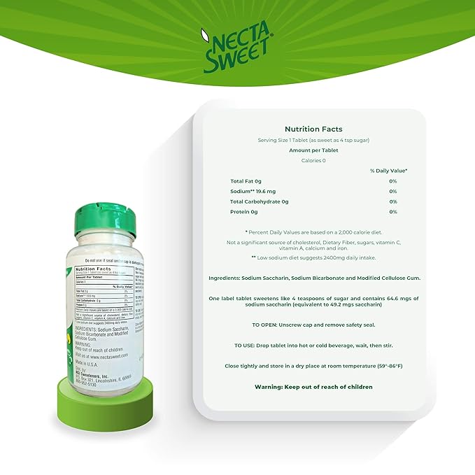 Necta Sweet 1-Grain Saccharin Tablets - Zero-Calorie Sugar Substitutes (6-Pack 1000-Tablet Bottle)
