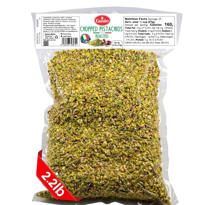 Pistachios Roasted Chopped 2.2 lb (1 kg) Dry Roasted Unsalted Pistachio Crumbles Chopped Pistachios nuts for ice cream sundaes Gusto Etna Non GMO Product of Italy
