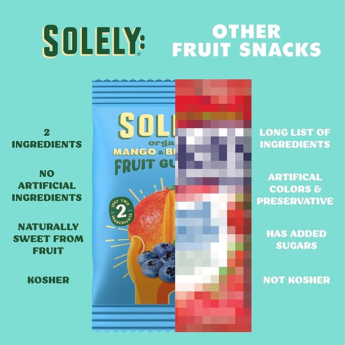 SOLELY - Organic Mango &amp Blueberry Whole Fruit Gummies (Pack of 8 Boxes 5 Bags per Box) - Real Fresh Fruit - Healthy Snacks for Adults &amp Kids - Non GMO Vegan Snacks Shelf Stable - 40 Bags (