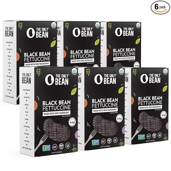 The Only Bean - Organic Black Bean Fettuccine Pasta - High Protein Keto Friendly Gluten-Free Vegan Non-GMO Kosher Low Carb Plant-Based Bean Noodles - 8 oz (6 Pack)