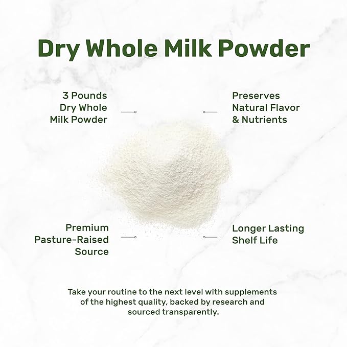 Dry Whole Milk Powder 3lbs – Natural Pasture Raised Source – Made in USA – Powdered Milk for Baking &amp Cooking – 9g Protein Per Serving – Non-GMO Filler Free