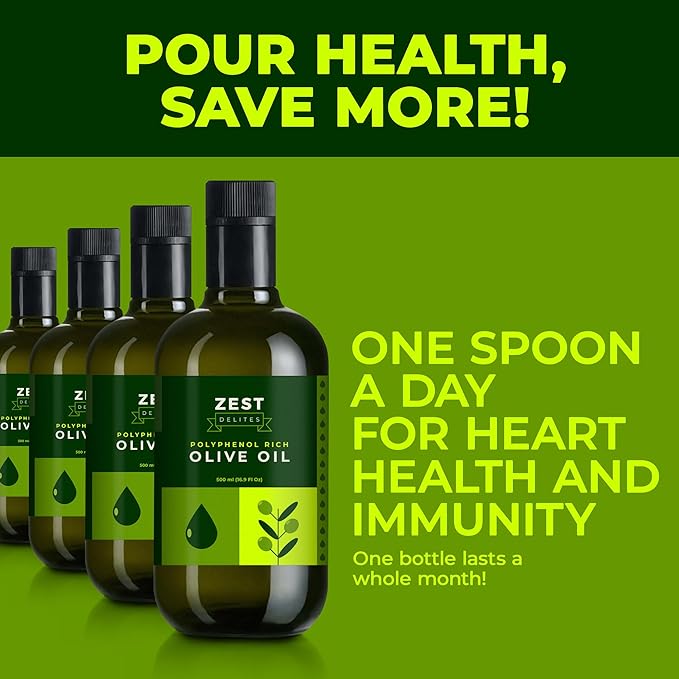 Polyphenol Rich Olive Oil Extra Virgin by Zest Delites Up To 770 mg/kg High Polyphenol Olive Oil Cold Pressed EVOO Heart &amp Immunity Support Single Origin Gold Award New Harvest 16.9 fl oz