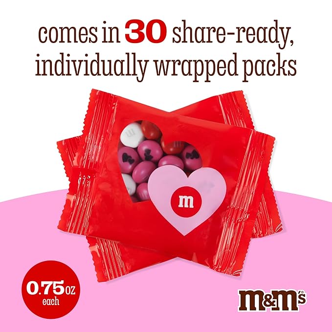 M&ampM’S Heart Party Favors Set of 30 Milk Chocolate Valentine’s Gifts for Groups Classroom Exchanges and Party Décor Individually Wrapped Red White and Pink M&ampM’S with Heart and LOVE Desig
