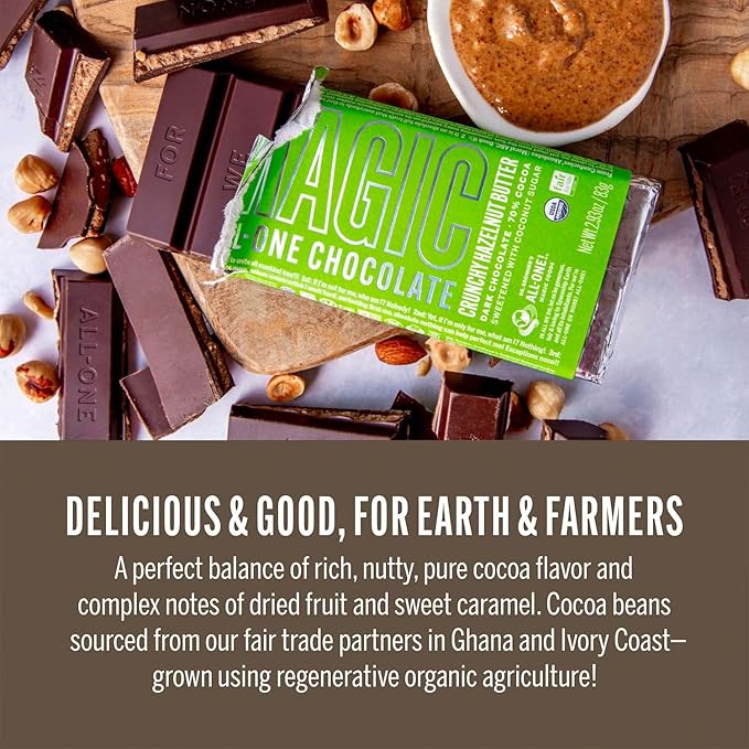 Dr. Bronner's - Magic All-One Chocolate Crunchy Hazelnut Butter Bar—Certified Organic &amp Fair Trade 70% Cocoa Vegan Kosher No Added Salt Coconut-Sugar Sweetened &amp Perfectly Balanced | 6 Co