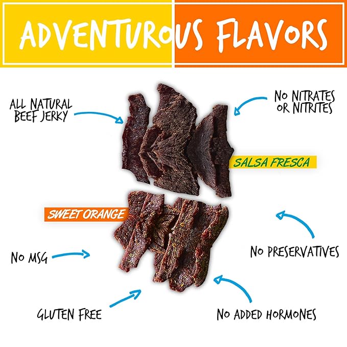 BAJA BEEF Jerky Snack Packs - Beef Jerky Variety Pack Beef Jerky Gifts for Men Beef Jerky Sampler High Protein Craft Jerky Assortment Gluten Free - Sweet Orange &amp Salsa Fresca 2.5 Oz (4 Pack)