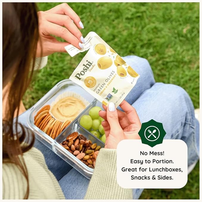 POSHI Green Pitted Olives - Lemon &amp Rosemary | Vegan Kosher Gluten Free + Keto Friendly Fresh All Natural Low Calorie Healthy Snacks | (30 Pack 1.1oz Bags)