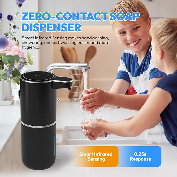 2 Pack Automatic Foaming Soap DispenserTouchless Foam Soap Dispenser12.8oz Rechargeabled Wall Mounted Smart for Bathroom and Kitchen Dish SoapEasy for Toddlers(Black)