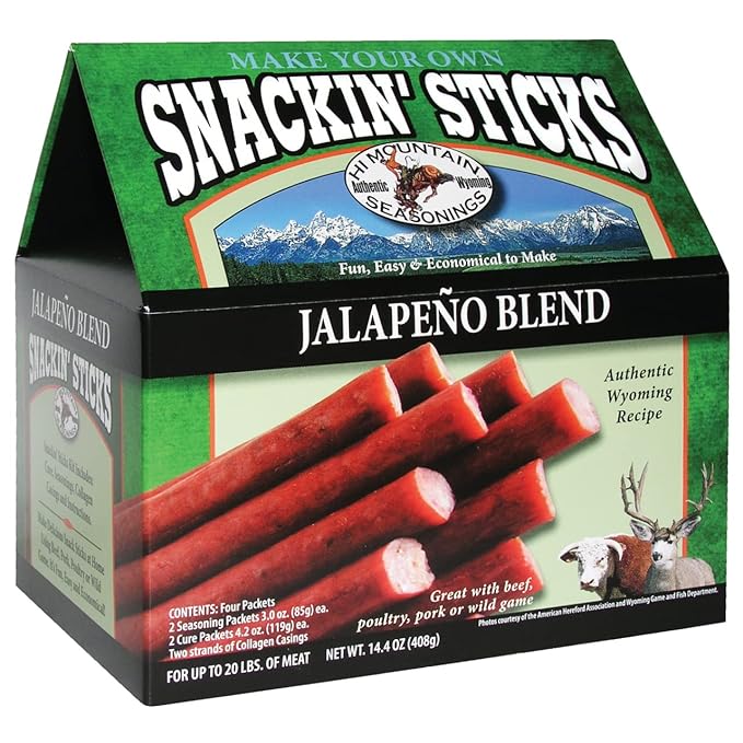 Hi Mountain Seasonings ǀ Snack Stick Seasoning Kit ǀ JALAPENO BLEND ǀ Includes Seasoning Cure Casings &amp Directions ǀ Seasons up to 20 lbs of Meat ǀ Beef Pork Venison Deer &amp Wild Game