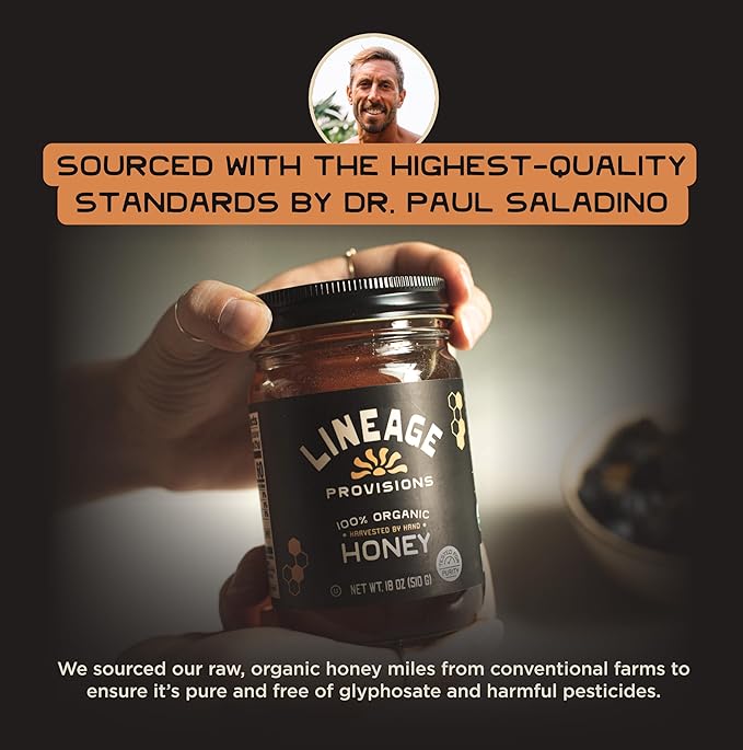 Lineage Provisions 100% Organic Raw Unfiltered Honey – 3-Pack (18 oz Glass Jars) – Undetectable Glyphosate Chemical-Free Gluten-Free &amp Non-GMO – Undergoes no heating processing straining or a