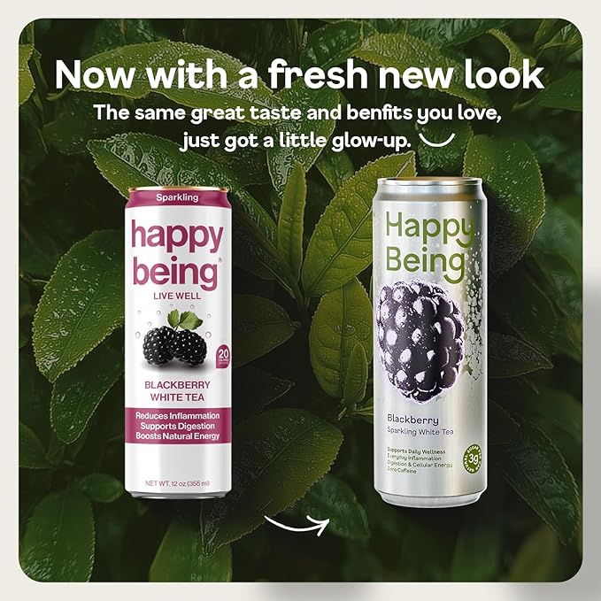 Happy Being Blackberry Sparkling White Tea – Antioxidant &amp Polyphenol Rich Infused with Turmeric Elderberry Caffeine Free Plant-Based Low Sugar &amp Low Calorie Drinks 12oz (16 Pack)