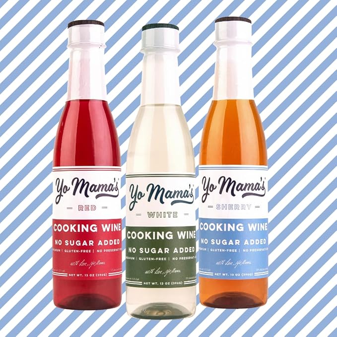 Yo Mama's Foods Premium Cooking Wines Variety Pack | (3) 13 Ounce Bottles | White (1) Sherry (1) and Red (1) No Sugar Added Gluten Free No preservatives Use for Cooking Marinades &amp Dressings
