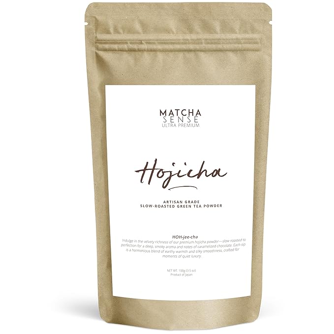 Matcha Sense - Authentic Japanese Hojicha Powder - Premium Slow Roasted Green Tea Low Caffeine Coffee Alternative Easy Resealable Pouch - 100g Value Size