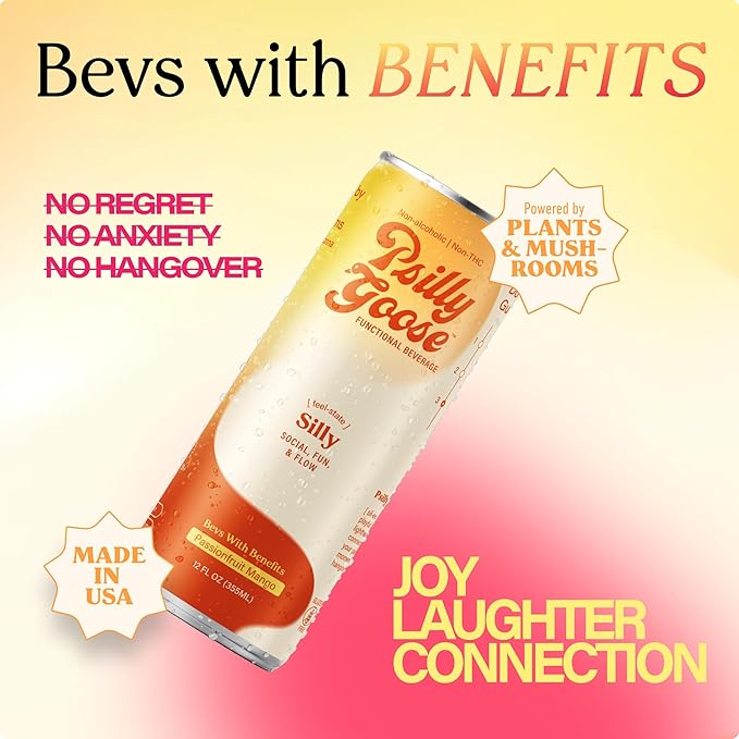 Non-Alcoholic Social Drink &amp Functional Beverage | Silly - Passionfruit Mango 12 FL OZ | Powered by Kanna &amp Lion's Mane | 4-Pack
