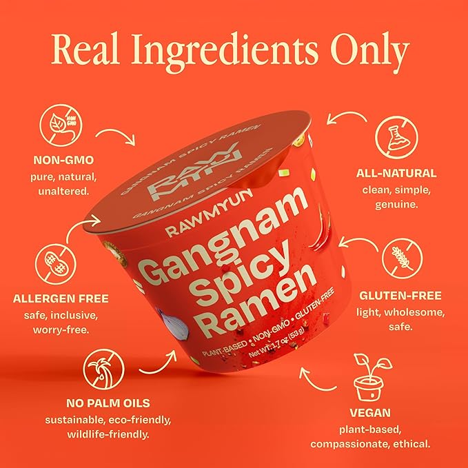 RAWMYUN Gluten Free Healthy Korean Ramen Vegan Superfood Clean Ingredients Plant-Based Cup Noodles made with Organic Rice Noodles Instant Soup | No MSG Non-GMO Real Ingredients (6 Gangnam Spicy)