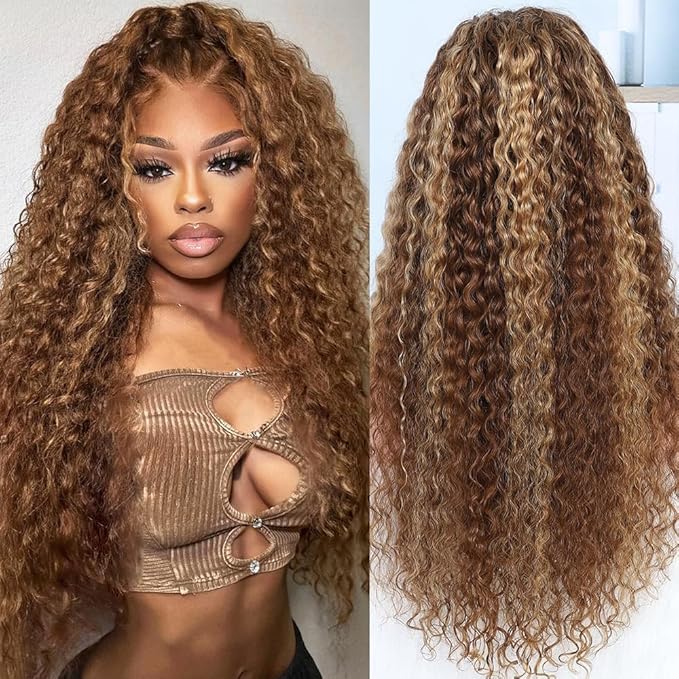 Highlight Ombre Lace Front Wig Human Hair 4x4 HD Honey Blonde 4/27 Deep Wave Lace Frontal Wigs Glueless Wigs Human Hair 24 Inch