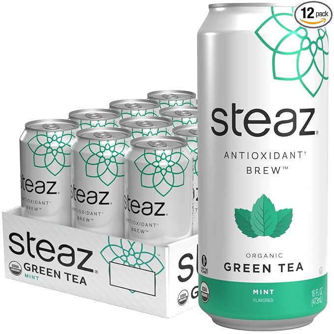 Steaz - Organic Green Tea - Mint (12 Pack) - Antioxidant Brew - 65mg Natural Caffeine 90 Calories Vitamin C - Cane Sugar Sweetened Iced Tea - Vegan Fair Trade - 12 Cans 16 fl oz (473mL)
