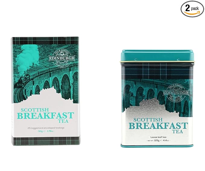 Edinburgh Tea Coffee Company Set of 2 Teas Reusable Tin of Loose Leaf Tea and a Pack of 25 Teabags Morning Hot Drinks Scottish Tradition Souvenirs (Breakfast Tea)