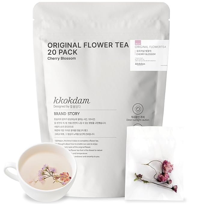 KKOKDAM Flower Loose Leaf Tea 20 Count - 100% Natural Edible Whole Dried Flowers (Cherry Blossom)