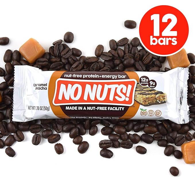 No Nuts! Caramel Mocha Protein Bars Nut-Free &amp School-Safe | 12g Plant Protein Dairy-Free Vegan Gluten-Free Non-GMO Organic Kosher | 12 Count