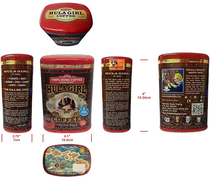 HULA GIRL 100% KONA Roasted Arabica Ground Coffee Medium Roast Net Wt. 10.5 Ounce (0.66Lb) 300 Grams Collector Tin