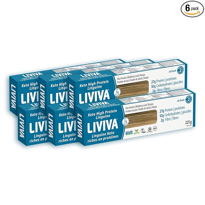 LIVIVA Low Carb High Protein KETO Pasta – 135 g Protein per Box with Pea Protein &amp Konjac Flour - 8g Net Carbs Diabetic-Friendly - Ready to Eat in 3 – 4 mins - Healthy Al Dente Pasta (6 Pack Lin