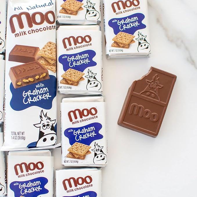 Moo Chocolates All Natural Milk Chocolate Mini Bars with Graham Cracker 0.7 oz 14 ct (Pack of 1) | 100 Calorie Snacks for On-the-Go Lunchboxes Office