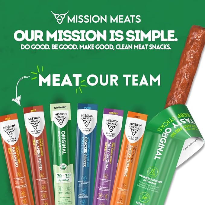 Mission Meats Pork Meat Sticks – Antibiotic Free Sugar Free Individually Wrapped AIP Friendly Delicious Healthy Snacks Paleo Whole 30 Cracked Pepper 1oz (12ct)