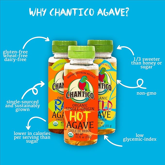 Chantico Agave Organic Sweetener (333g of each Variety 3 pack Raw Wild Hot) low Glycemic Index Vegan Sugar substitute Perfect for use in baking smoothies coffee tea yogurt