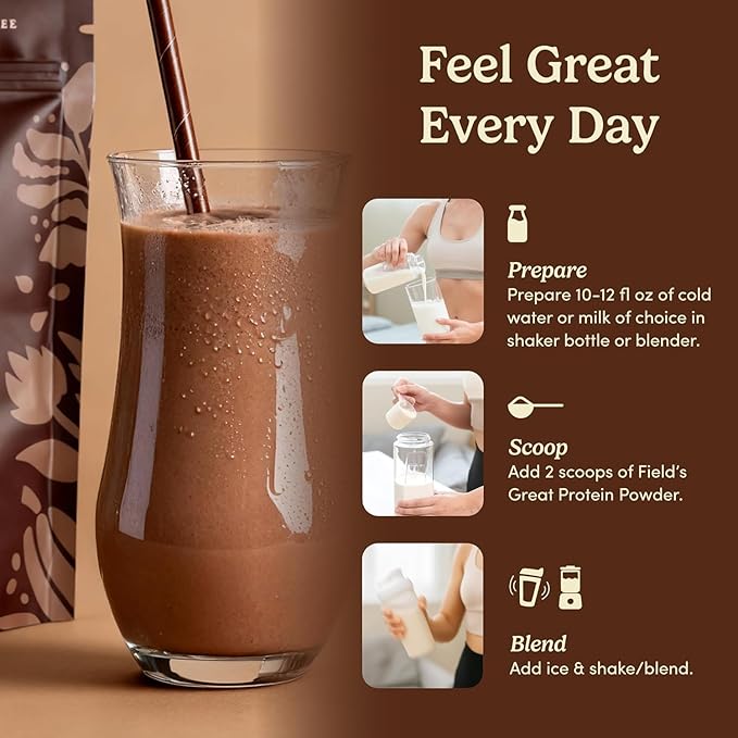Field's Great Plant-Based Protein with Fiber for Muscle Maintenance Vegan Protein Powder Whey Free Gluten Free Dairy Free - 30g of Protein and 5g Fiber in Each Serving (Chocolate- 4 Pack)
