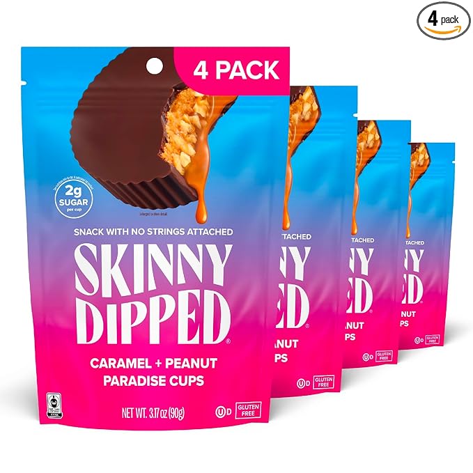 SkinnyDipped Caramel Peanut Paradise Cups 2g Sugar per Cup Gluten Free Low Carb Snack 3.2oz Resealable Bags 6 Count (Pack of 4)