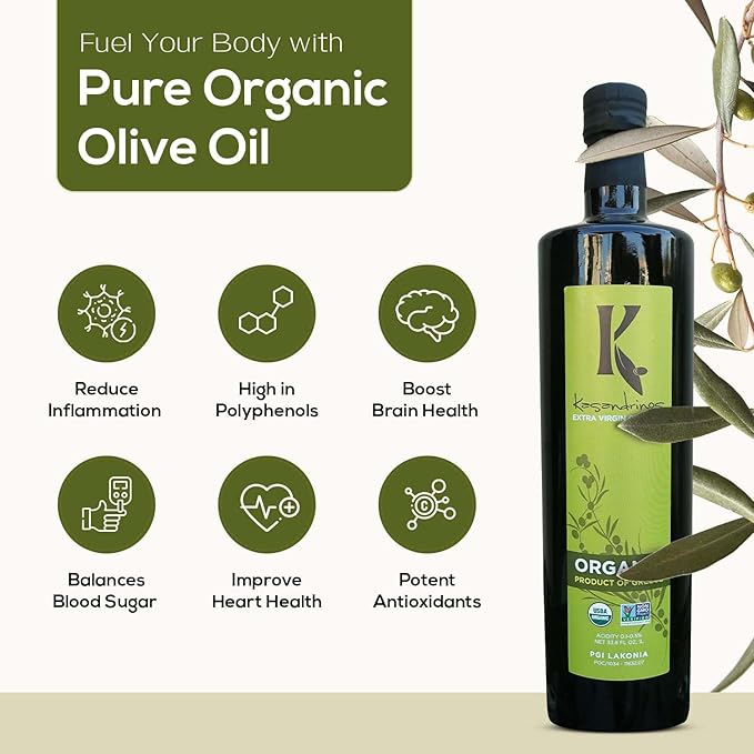 Kasandrinos Organic Olive Oil Extra Virgin Polyphenol Rich Greek Olive Oil 100% Organic First Cold Pressed Mild + Delicate Flavor Verified by Non GMO 1 L / 33.8 oz