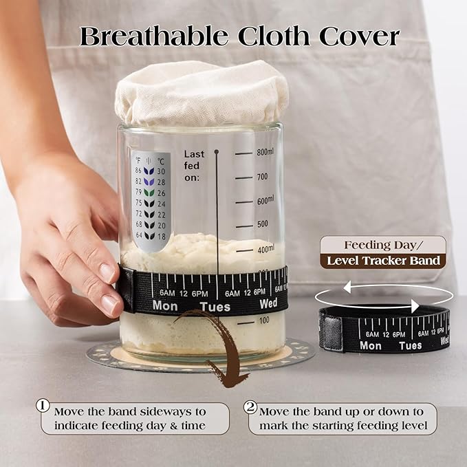 Sourdough Starter Kit34oz Sourdough Starter Jar Glass with Sourdough Recipes Cookbook.Sourdough Bread Baking Supplies with ThermometerNatural Wooden Lid Anti-slip MatSourdough Jar scraper (2 pack)