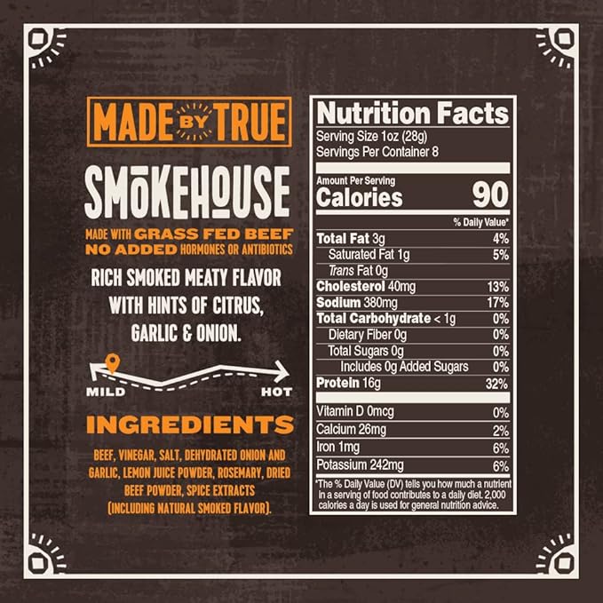 Made by True Smokehouse Biltong Slab - Premium Grass-Fed Beef Jerky Slab (8 oz Pack of 1) - High-Protein Smoky Keto Snack Natural &amp Gluten-Free Antibiotic-Free Zero Carb Uncut Charcuterie Sla