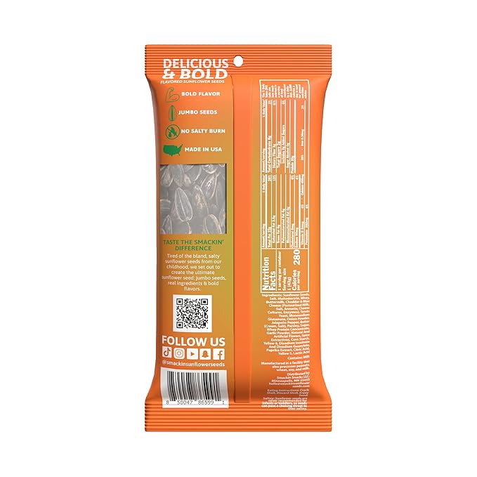SMACKIN' Sunflower Seeds Roasted Jumbo Small-Batch American Made - Cheddar Jalapeño. 1.5oz bags (36 Pack)