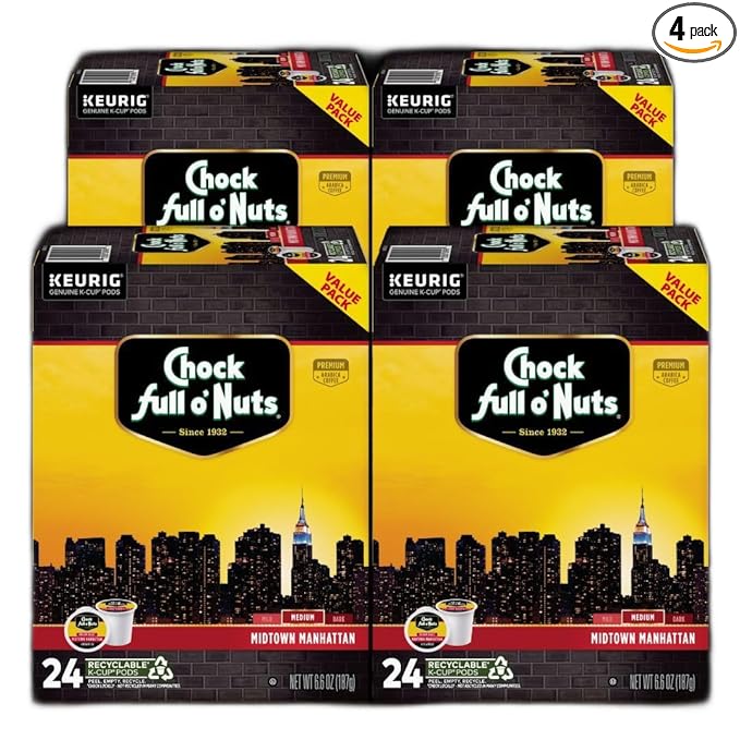 Chock Full o' Nuts Midtown Manhattan Keurig K-Cup Pods for Keurig Brewers – Premium Arabica Medium Roast – Single Serve – 4 Packs of 24 K-Cup Pods
