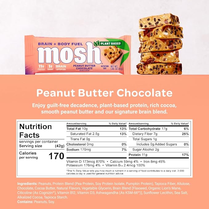 MOSH Peanut Butter Chocolate Plant Based Keto Protein Bars High Protein Gluten Free Brain Healthy Snack with Ashwagandha and Lion's Mane 12 Count