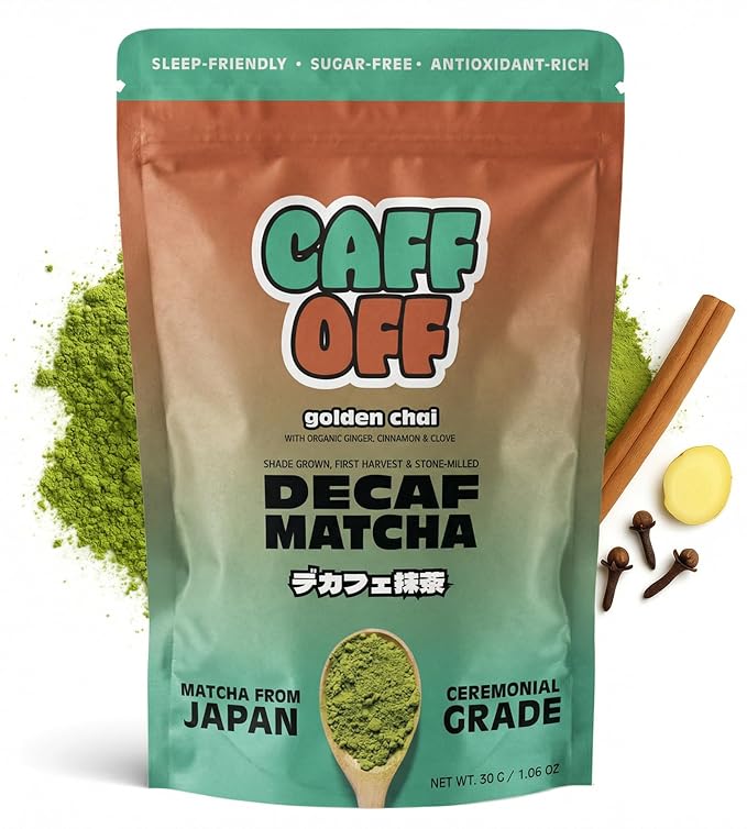 Caff Off Decaf Chai Matcha Green Tea Powder From Japan – 1.06 oz / 30 g – With Real Ground Chai Adaptogen - Ceremonial Grade &amp Sugar-Free – No Fillers or Milk Powders – Naturally Decaffeinated Wit
