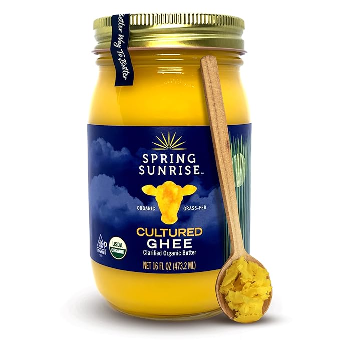 Spring Sunrise Grass Fed Organic Cultured Ghee - USDA Certified Clarified Butter - Keto &amp Paleo Friendly Non-GMO Gluten &amp Lactose Free Cooking Oil - Sustainably Sourced 16 oz Jar