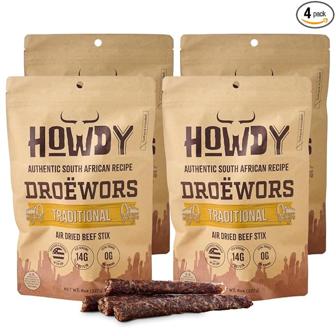 Howdysnax Handcraft Authentic Small Batch Droëwors Beef Sticks Sugar Free Soy Free Paleo &amp Keto Friendly Snack (Four 8oz Packs)