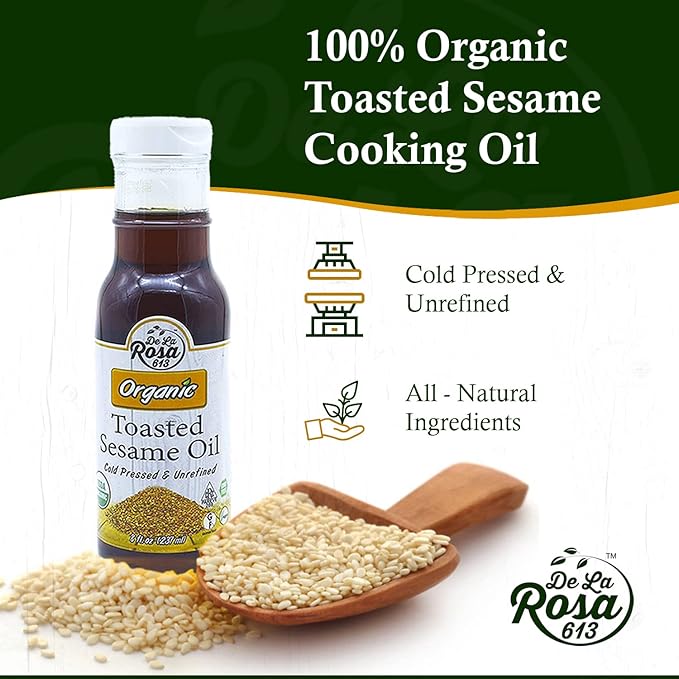 De La Rosa Toasted Sesame Oil Cold Pressed Organic Toasted Sesame Seeds Oil Vegan Non GMO &amp Gluten Free Pure Sesame Oil for Cooking Salad Dressing &amp Marinades 8oz (Pack of 1)