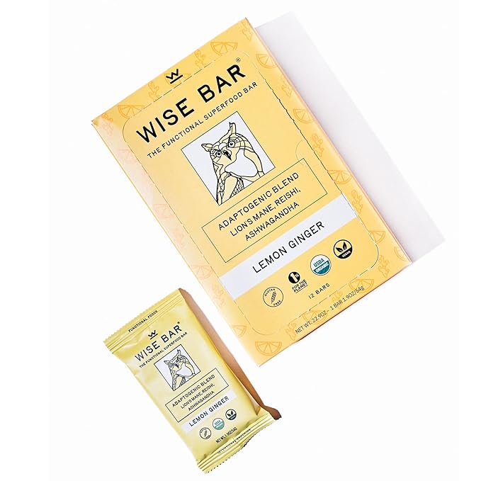 Wise Bar Adaptogen Mushroom Nutrition Bars with Reishi Lions Mane &amp Ashwagandha Organic Vegan &amp Gluten Free Snacks for Natural Focus Energy &amp Immunity Support Lemon Ginger Flavor 12 C