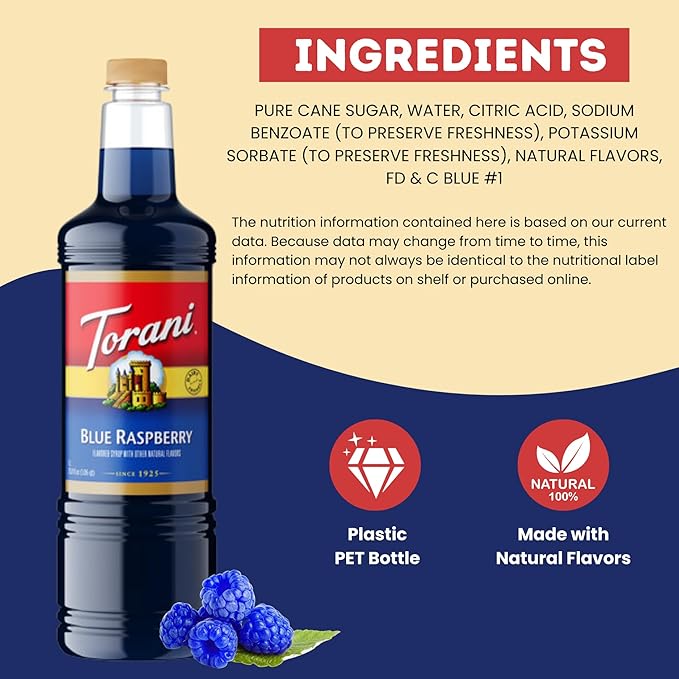 Torani Blue Raspberry Syrup 1 Liter Bottle with Pump Dispenser – Flavored Syrup with Pure Cane Sugar &amp Natural Ingredients – Perfect for Snow Cones Shakes Cocktails &amp Desserts
