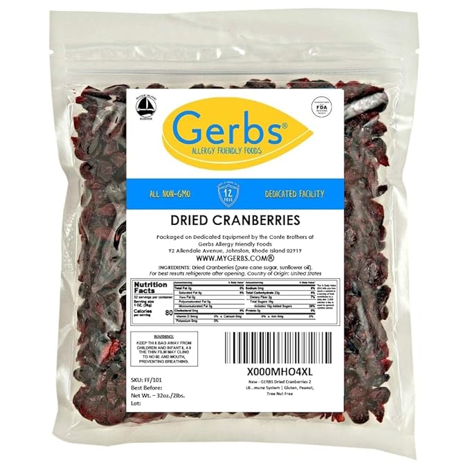 Gerbs Dried Sweetened Cranberries 2 lbs. | Unsulfured No Artificial Additives Resealable Bag | Naturally Tart &amp Juicy | Top 14 Allergen-Free