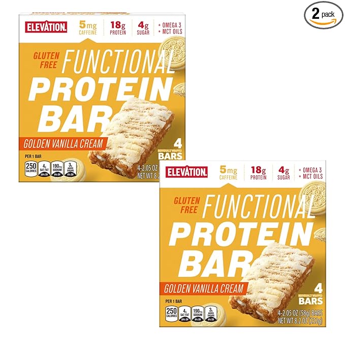 2 PACK DELICIOUS Functional Protein Bar – 4 Bars Golden Vanilla Flavor 🍯 Gluten Free 🌱 19g Protein 💪 MCT &amp Omega-3 Oils for Focus 🧠 Guarana Caffeine for Energy ⚡ – Fortified with Essentia