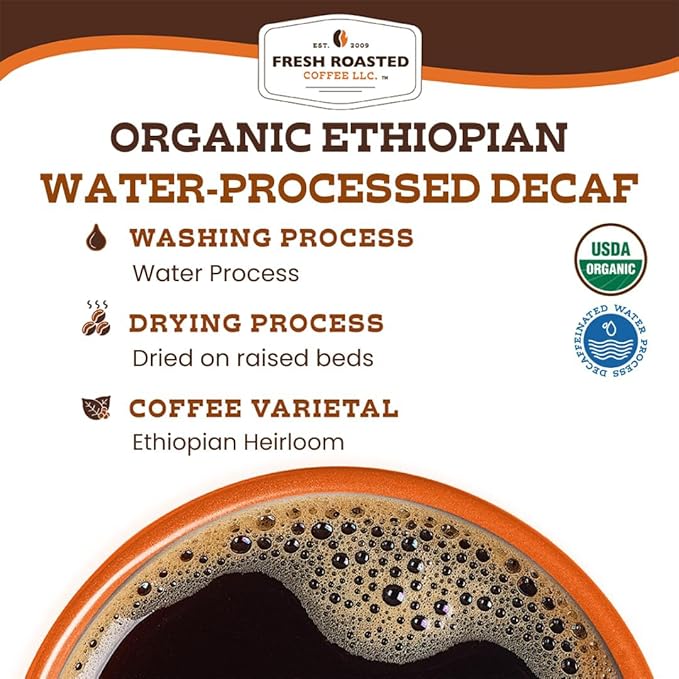 Fresh Roasted Coffee Organic Ethiopian Sidamo Water-Processed Decaf | USDA Organic 100% Single Origin Kosher | Medium Roast 72 Pods for K Cup Brewers