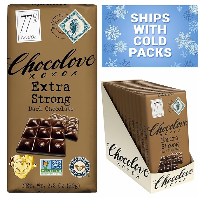 Chocolove Extra Strong Dark Chocolate Bars | 77% Cocoa | Strong &amp Smooth Premium Dark Chocolate | Rainforest Alliance Certified Non-GMO 3.2 oz Bar (12 Pack)